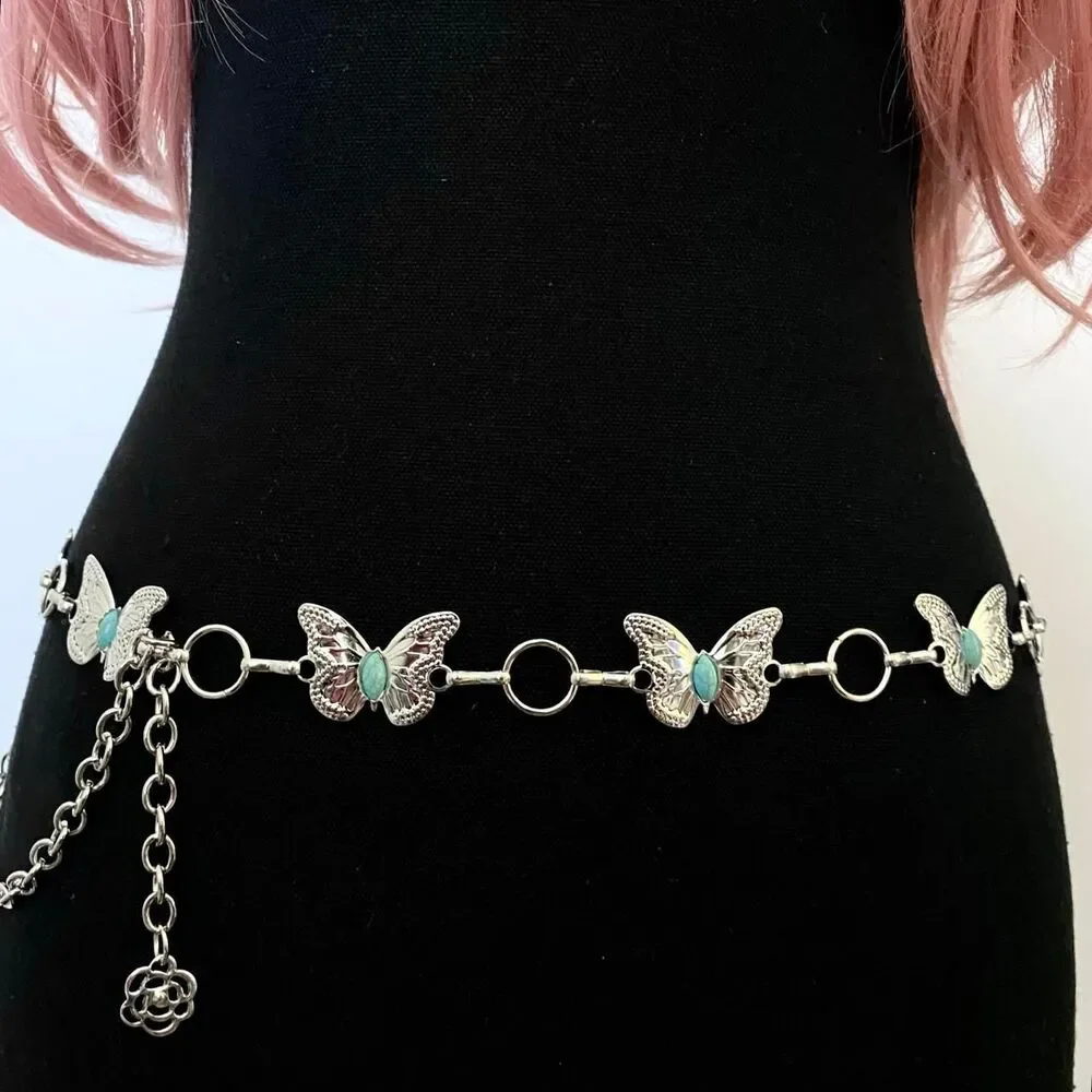 Silver Y2K Western Butterfly Turquoise Chain Belt, Fits 24-42 Inches, X7GA1343